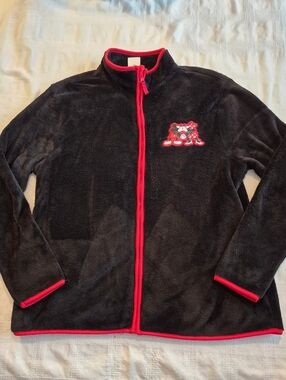 Disney women's XL black fuzzy full zip up sweater red trim sewn logo VGUC